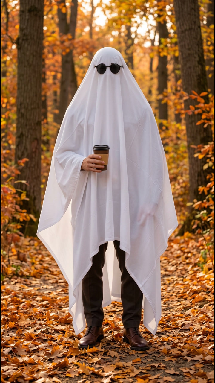 Ghost holding coffee on an autumn woodland path