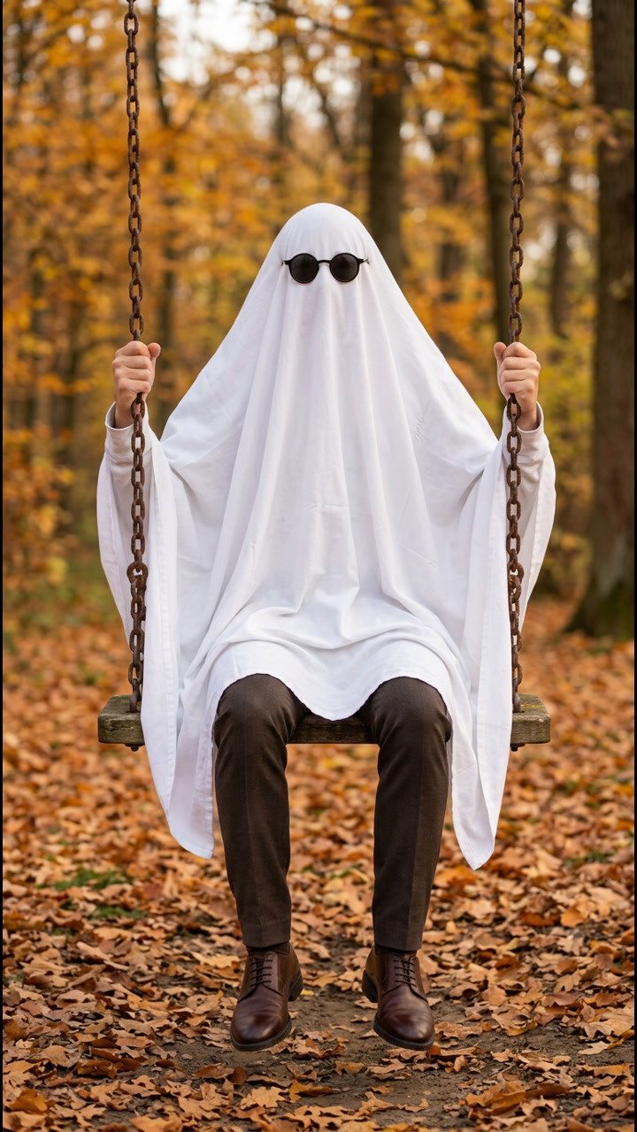 Ghost seated on a wooden swing holding both metal chains