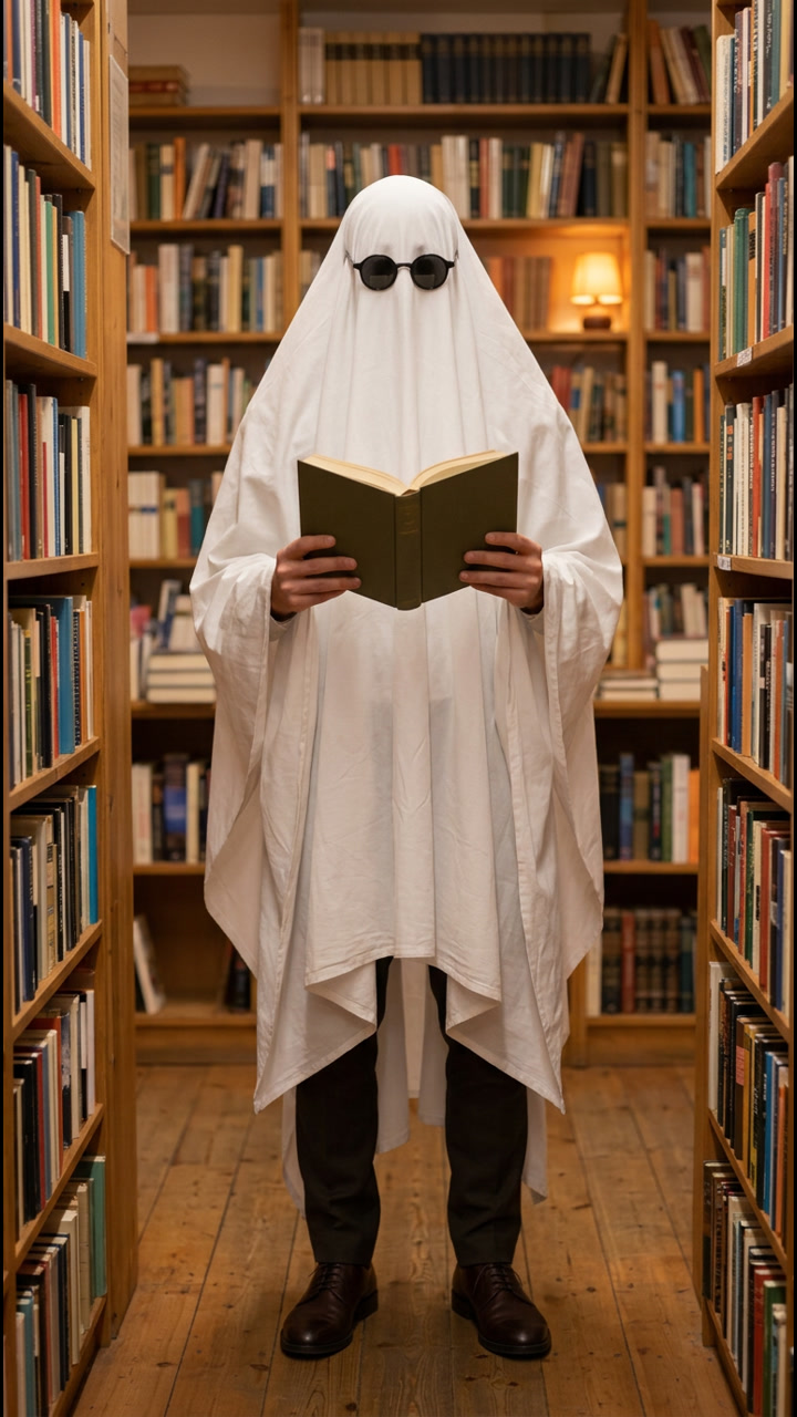 Ghost reading an open book in a warm bookstore